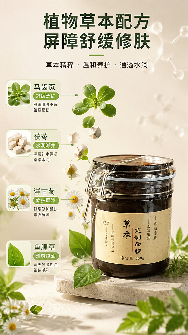 [主图-2] 核心功效成分解析 植物草本面膜抖音竖版主图。
[统一基调] 自然草本通透水润风格，整体暖米白+草木绿点缀，干净非衬线字体，标题深墨绿，辅助文字深灰，强调色草木绿，卡片圆角浅米色，高级商业摄影质感。
[画面] 画面中央偏右放置500g草本面膜罐，产品外观与输入图完全一致。左侧和上方环绕悬浮多种真实草本植物原料：马齿苋叶片、茯苓块、洋甘菊花、鱼腥草叶，每种植物旁有细线引出标注对应功效。背景为浅米色渐变，带有淡淡的微观分子结构纹理作为底纹，营造专业成分解析氛围。产品占画面约40%，视角为正面微侧。
[光影质感] 柔和自然光从左侧照射，植物叶片通透有光泽，玻璃罐有自然高光，悬浮元素有轻微投影增加层次感，整体明亮干净，成分真实可辨。
[配色] 主背景暖米白，植物自然绿色，标题深墨绿，功效标签浅绿底深绿字。
[文字版式] 画面顶部大标题："植物草本配方 屏障舒缓修肤"，下方分四组小图标+文字："马齿苋 舒缓泛红"、"茯苓 水润滋养"、"洋甘菊 修护屏障"、"鱼腥草 清爽控油"。文字排版清晰，每组配对应植物小图，不遮挡主产品。
[输出要求] 9:16竖版比例，文字清晰可读，产品清晰完整不变形，无错字，无水印，无平台Logo，画面专业有说服力。