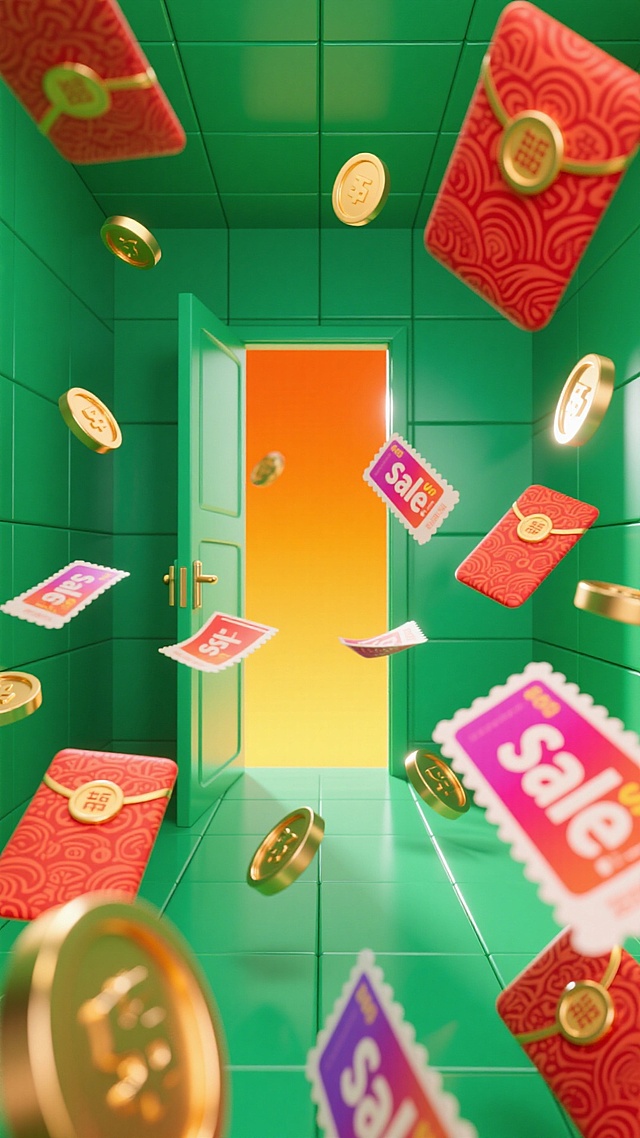 绿色立方体空间尽头是打开的橙黄渐变大门，四周的金币、红包、sale优惠券向门急速飞去，强动态感