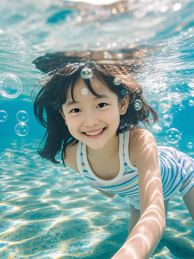 水下梦幻场景，女孩笑容可爱，泡泡环绕，清新实景感，夏日清凉氛围。