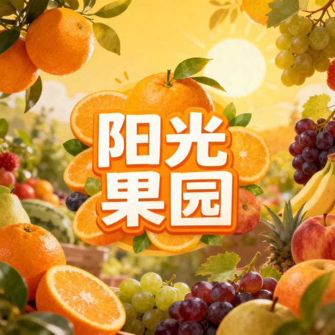 水果店店铺头像，名称为'阳光果园'，温暖活泼风格，暖黄色阳光色调，包含橙子葡萄等多种新鲜鲜果元素，字体设计醒目清晰，适合商用店铺头像预览效果