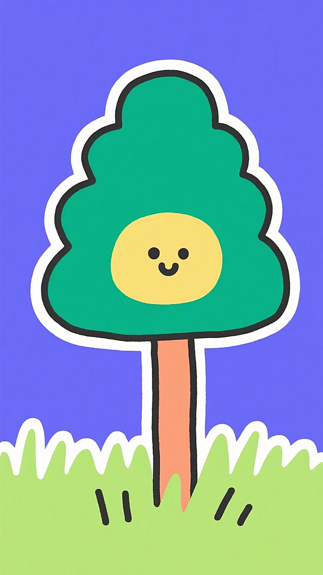 卡通风格的拟人化小树，笑脸可爱，色彩鲜明，充满童趣。