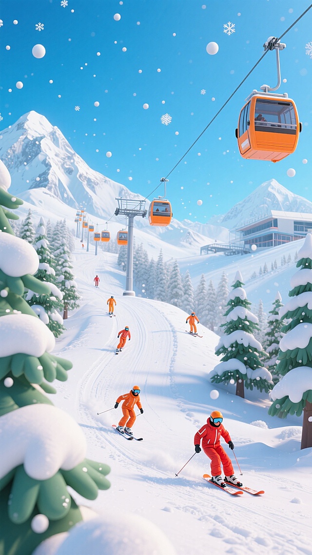 卡通风格，清新明亮的蓝白色调。画面中分布多辆橘色缆车（悬挂于钢索），错落悬挂于空中；几位滑雪者（身着橙色、红色等亮色滑雪服，姿态活泼）在覆盖厚雪的滑雪道上滑行，道上留有清晰轨迹；周围环绕圆润的绿白雪松林，雪松上厚厚的积雪；背景是连绵的白色雪山群与滑雪基地，天空湛蓝，点缀飘落的小雪花与小圆形雪球。