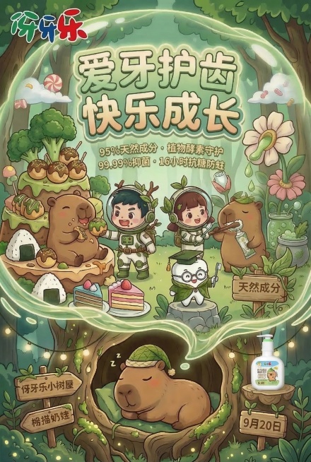 参考示例图效果，去掉刷牙卡皮巴拉后方的牙膏，将最大的花朵改造成天然牙膏载体，让花朵向下滴落两滴天然牙膏液体，打造花朵牙膏制作台体现天然成分，保留原有卖点文字、牙膏位置和其他元素，保持整体清新绿色童话风预览效果