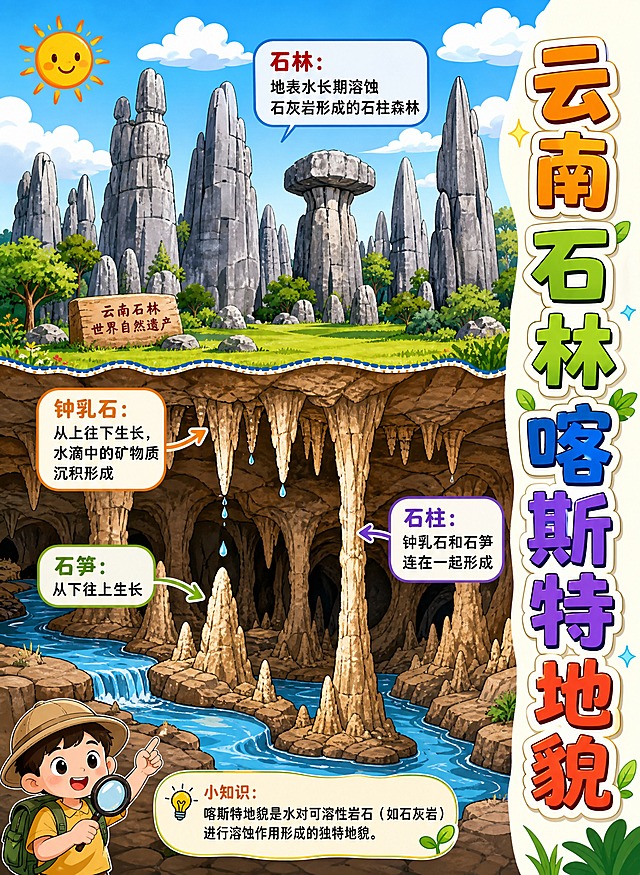 云南石林喀斯特地貌科普知识画，画面分为上下两部分。上半部分展示地面石林景观：多座形态各异的灰色石峰高低错落，有的像柱子、有的像蘑菇、有的像宝剑，山脚下有绿色草地和树木，天空中有太阳和白云，标注文字'石林：地表水长期溶蚀石灰岩形成的石柱森林'。下半部分展示地下溶洞剖面：溶洞内有倒挂的钟乳石（标注'钟乳石：从上往下生长，水滴中的矿物质沉积形成'）、从地面向上长的石笋（标注'石笋：从下往上生长'）、钟乳石和石笋连接形成的石柱（标注'石柱：钟乳石和石笋连在一起形成'），还有地下暗河流动。画面右侧有一个大标题'云南石林喀斯特地貌'，用彩色艺术字书写。整体画风为小学生科普插画风格，线条清晰，色彩鲜艳明亮，标注文字清晰易读，适合儿童学习科普知识
