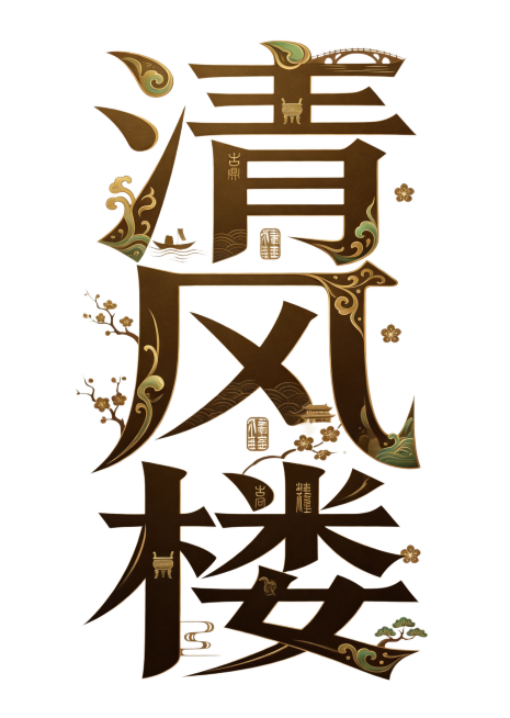 参考图片风格，设计国潮创意艺术字“清风楼”，字体基础为粗体黑体，主体为深棕色描金边，在笔画内部融入传统中式祥云、卷草纹、松枝梅花、古建山水等国风装饰元素，文字竖向排列，从上到下依次为清、风、楼，穿插传预览效果