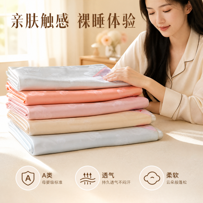 [主图-2]亲肤触感体验展示
[氛围风格]温馨自然，真实生活感
[画质]商业摄影质感，光线柔和通透，产品清晰真实，画面干净高级
[元素]保持产品原有材质与色彩特征，加入亚洲女性模特，手背自然轻触蚕丝被预览效果