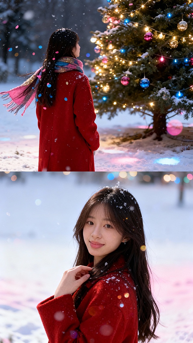 梦幻光影交织，雪花飘落中红衣少女凝望圣诞树，粒子风渲染温馨浪漫氛围，实景感与节日喜庆完美融合。