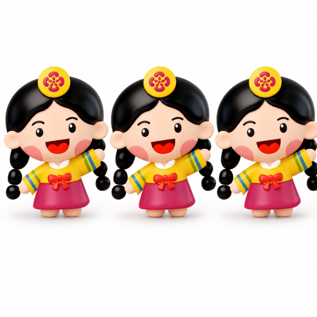 在原图基础上扩展画面，添加另一个一模一样的朝鲜族风格卡通女孩人物放在画面左右两侧，保持3D黏土质感，整体风格统一和谐，可爱明亮预览效果