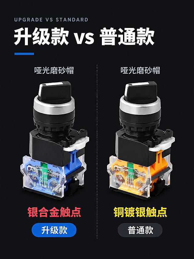 基于参考图进行LA38旋钮升级款vs普通款对比海报设计，严格遵循以下要求：

【产品处理核心要求】
1. 两个产品用原图抠图粘贴，禁止AI重画
2. 左侧蓝色底座旋钮（升级款银合金触点）、右侧黄色底座旋钮（普通款铜镀银触点）分别抠出
3. 两个产品透明底座底部白色小字"浙江凯蓝电气科技有限公司"用消除笔涂抹，还原透明塑料原色
4. 必须原样保留：透明底座上白色"LA38"、参数、CCC标志，倾斜角度和原图一致
5. 产品加柔和投影（黑色30%透明，高斯模糊15px）

【保留文案，全部使用思源黑体】
- 顶部英文小字"UPGRADE VS STANDARD"（全部大写，思源黑体Regular 18px #8A919C，字距2）
- 大标题"升级款 vs 普通款"（思源黑体Heavy 56px #FFFFFF，左对齐）
- 两个产品上方各标"哑光磨砂帽"（思源黑体Medium 22px #C8CDD4）
- 左产品下方：红色字"银合金触点"（思源黑体Bold 26px #EF5350）+蓝色圆角标签#2B6CB0白字"升级款"（思源黑体Medium 22px #FFFFFF，圆角20px）
- 右产品下方：黄色字"铜镀银触点"（思源黑体Bold 26px #FDD835）+深灰圆角标签#2A2F38白字"普通款"（思源黑体Medium 22px #FFFFFF，圆角20px）

【新排版设计】
- 画布750×1000px竖版
- 顶部距画布70px左对齐：英文小字→大标题→一条40px钴蓝短线#2B6CB0
- 中部两个产品左右并排（左占10%-45%，右占55%-90%），垂直居中略偏上
- 产品上方"哑光磨砂帽"居中对齐产品
- 产品下方依次触点材质色字+款式标签
- 中间加一条竖虚线#2A2F38分隔左右

【新背景】
深炭灰纯色#14161A，干净无纹理。禁止白底、蓝色块、黑色块标签

【输出要求】750×1000px竖版，产品原图抠图粘贴非AI生成，透明底座参数文字原样保留倾斜角度不变，公司名已擦除，左右对比布局清晰