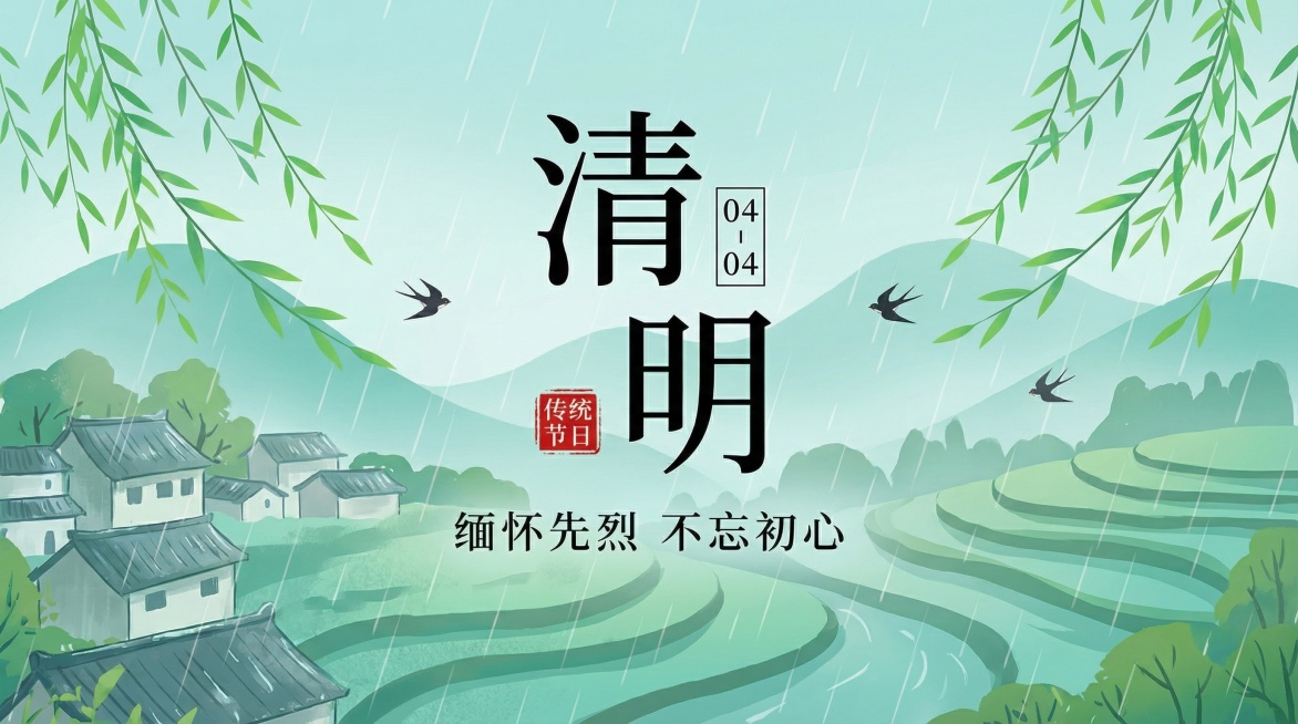 仿照参考图片的简约插画风格，设计清明节学院宣传海报，保留中心大字"清明"对称布局，青绿色调乡村春雨场景，搭配学院宣传文案"缅怀先烈 不忘初心"，风格简约大气干净，符合正式审美，适合学院宣传预览效果