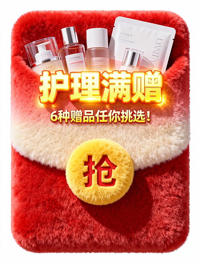 毛绒风格，一个红色渐变竖长方形扁平造型毛绒红包，里面露出产品，中心为“护理满赠”黄色发光大字，大字下方为黄色小字“6种赠品任你挑选！”；红包下方一个圆形黄色毛绒按钮“抢”。色彩明快（红+米白）透明底