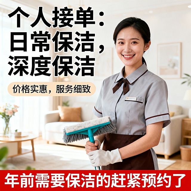 个人接单：日常保洁，深度保洁  价格实惠，服务细致 年前需要保洁的赶紧预约了