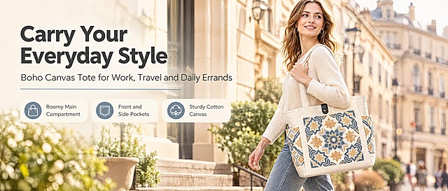 [商品] 使用【图1】米白色纯棉帆布托特包；商品处理：保留帆布米白色、正面插袋与两侧袋的蓝金几何花砖图案、顶部黑色金属按扣、两条提手、包身比例与缝线结构；自然去除折痕压痕，理顺提手垂坠，增强帆布织纹、图案工艺质感与五金高光，不改变颜色、图案和结构。
[画面] 页面目标：首屏风格头图，展现托特包全貌与日常审美主张，卖点前置；构图骨架：左文右图，欧美女性（约25至35岁，浅色针织上衣与直筒牛仔裤）在暖调城市街区手拎托特包自然行走，包正面完整可见，包身占画面约60%；景别：中景偏侧全身；前中后景：前景虚化石阶与绿植，中景人物与包身，后景柔和虚化欧式街景建筑；阅读动线：左上标题、中部卖点、右侧包身。
[视觉] 套系策略：风格=跨境极简高级商业摄影，暖调自然光，真实质感，少装饰；标题字=现代无衬线粗体，单词首字母大写；正文字=简洁无衬线体；主色=暖米白燕麦；背景延展=基于暖米白燕麦做深浅层级、亚麻与帆布织物纹理和柔和渐变；强调色=复古雾蓝，仅用于小面积图标、引线、标签或局部光效；标题色=深炭灰；正文色=中暖灰；组件=圆角浅底信息卡、细线引线、细线分隔；光影=左前侧柔和自然光。
[文字] 所有文字横向排版，主标题不超过10个英文单词；左上留白处依次放主标题"Carry Your Everyday Style"、副标题"Boho Canvas Tote for Work, Travel and Daily Errands"，以及三个短卖点分置于圆角浅底信息卡："Roomy Main Compartment"、"Front and Side Pockets"、"Sturdy Cotton Canvas"；文字不遮挡提手、按扣与图案主体。
[规格] 图片比例61:25横版，2K分辨率；文案全英文，无中文；不出现价格、折扣、水印、二维码、站外链接、诱导好评；避免画面变形、错字、英文拼写错误、冷蓝或蓝灰主导背景、包身图案与颜色改变、结构缺失。