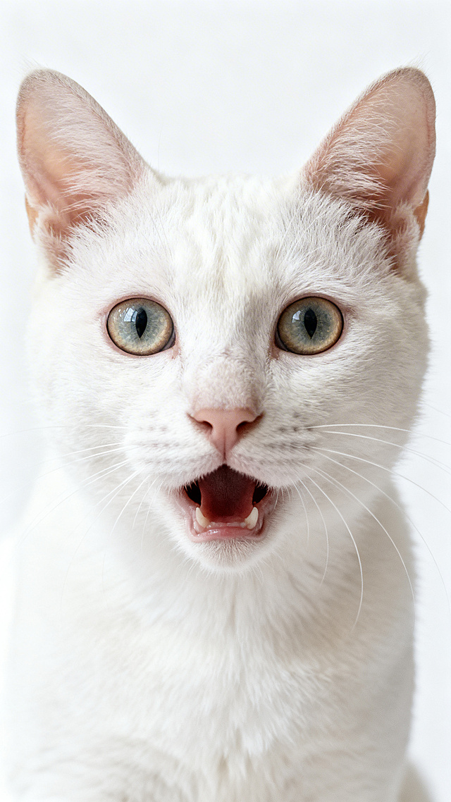 一只露出震惊表情的白猫，纯白色背景，真实照片风格，细节清晰