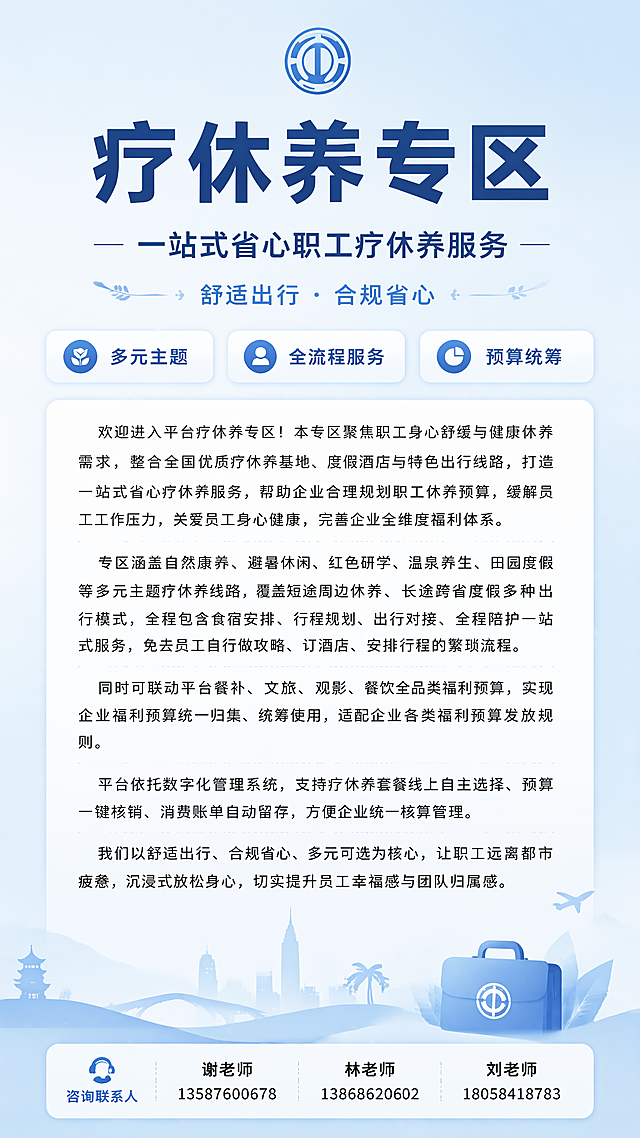 专业商务风格手机海报，延续之前蓝白简约设计，主标题"疗休养专区"，副标题"一站式省心职工疗休养服务"，装饰文案"舒适出行 · 合规省心"，卖点标签"多元主题"、"全流程服务"、"预算统筹"，中部添加完整介绍文字：欢迎进入平台疗休养专区！本专区聚焦职工身心舒缓与健康休养需求，整合全国优质疗休养基地、度假酒店与特色出行线路，打造一站式省心疗休养服务，帮助企业合理规划职工休养预算，缓解员工工作压力，关爱员工身心健康，完善企业全维度福利体系。专区涵盖自然康养、避暑休闲、红色研学、温泉养生、田园度假等多元主题疗休养线路，覆盖短途周边休养、长途跨省度假多种出行模式，全程包含食宿安排、行程规划、出行对接、全程陪护一站式服务，免去员工自行做攻略、订酒店、安排行程的繁琐流程。同时可联动平台餐补、文旅、观影、餐饮全品类福利预算，实现企业福利预算统一归集、统筹使用，适配企业各类福利预算发放规则。平台依托数字化管理系统，支持疗休养套餐线上自主选择、预算一键核销、消费账单自动留存，方便企业统一核算管理。我们以舒适出行、合规省心、多元可选为核心，让职工远离都市疲惫，沉浸式放松身心，切实提升员工幸福感与团队归属感。底部标注咨询联系人：谢老师 13587600678 林老师 13868620602 刘老师 18058418783，画面干净简洁，版式精美，采用浅蓝渐变纯色背景，搭配简约工会元素装饰，文字清晰可读，层级分明，风格和前两张保持一致。