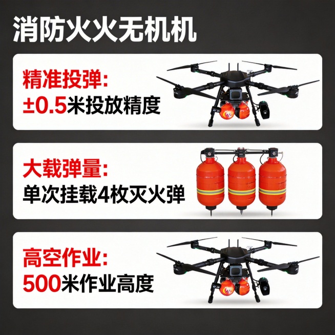 消防灭火无人机卖点详情图，理性说服风格，分三个板块展示核心卖点：1. 精准投弹：标注“±0.5米投放精度”；2. 大载弹量：标注“单次挂载4枚灭火弹”；3. 高空作业：标注“500米作业高度”，用清晰预览效果