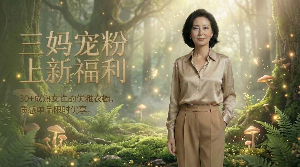 将横版封面背景修改为梦幻唯美的森林场景，营造出森林精灵般的氛围感，清新空灵又高级，主体人物和所有文字排版保持不变，文字依然是三妈宠粉上新福利预览效果