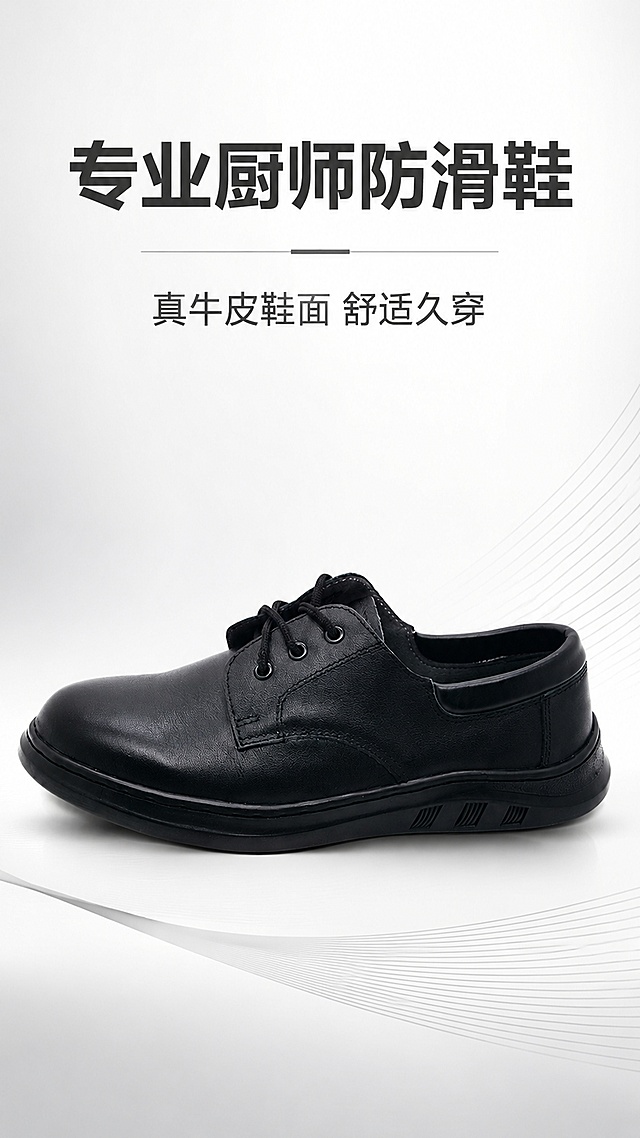 [第1屏] 详情页头图-厨师防滑鞋新品宣传海报。本屏使用【图1】作为商品主体。[氛围/风格] 专业商务风格，干净简洁，高端商业摄影质感，符合京东平台严谨调性。[元素布局] 厨师防滑鞋置于画面中下部，占比约70%，保留原鞋黑色外观、牛皮鞋面、橡胶大底的结构、材质和颜色完全一致。顶部标题区，底部添加浅灰色渐变背景，点缀简约装饰线条。[光影质感] 顶部柔光照明，底部自然投影，整体明暗均匀，鞋面高光清晰自然，产品清晰真实。[配色色系] 全局底色 #F5F5F5；主色黑色产品；辅助色深灰标题文字。[视角构图] 正面平视，产品为绝对视觉中心，阅读动线从上到下。[文字版式] 顶部主标题「专业厨师防滑鞋」，副标题「真牛皮鞋面 舒适久穿」，主标题加粗放大居中，副标题小一号居中，文字不遮挡产品主体，所有文字清晰可辨。[比例分辨率] 9:16竖版比例，分辨率4K，高清画质。[负向提示词] 产品变形，颜色偏差，缺件错件，文字错乱，水印，文字过小，背景杂乱