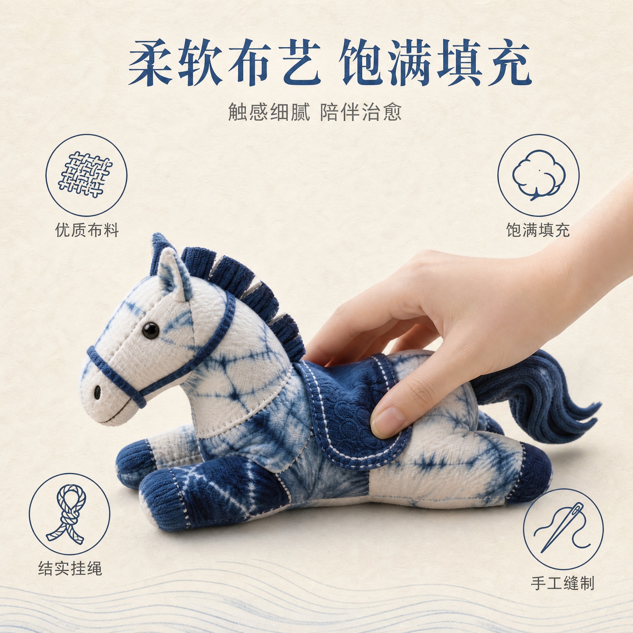 [主图-3] 蓝染扎染布艺小马挂件 材质与细节 布艺填充柔软… - 图片创意预览
