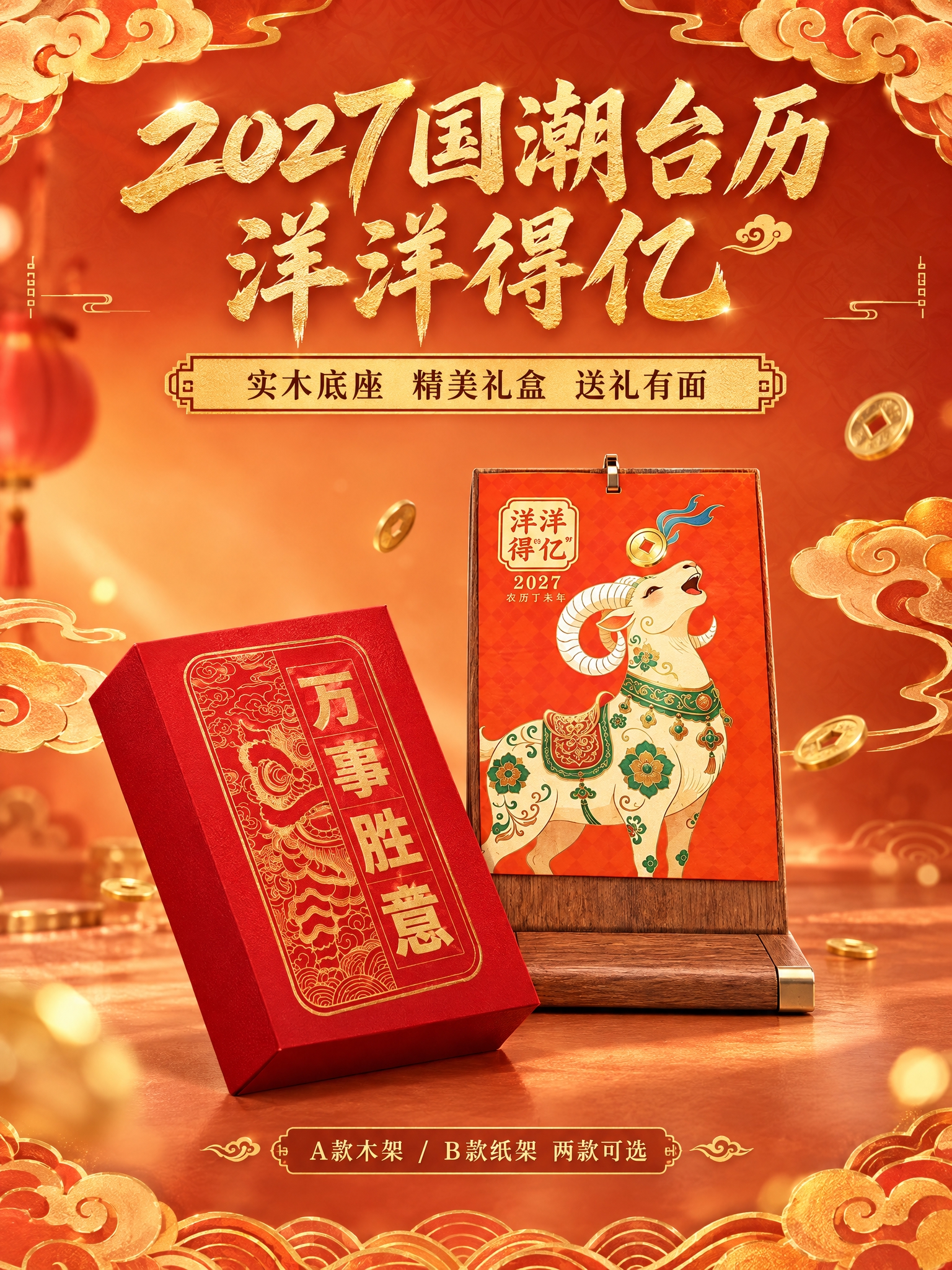[商品] 使用A款木架台历（洋洋得亿款）和红色礼盒作为主视觉；… - 图片创意预览
