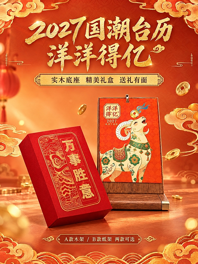 [商品] 使用A款木架台历（洋洋得亿款）和红色礼盒作为主视觉；台历为木质底座+洋洋得亿羊年国潮插画，礼盒为红色烫金"万事胜意"礼盒；保留产品原始外观。
[画面] 页面目标：氛围头图，打造国潮台历的高端礼赠第一印象。构图：居中构图，台历位于画面中央偏右，礼盒斜放在台历左前方，两者形成层次感；占画面约55%；背景为暖橙色渐变，顶部和底部有金色祥云纹样装饰；周围点缀金色铜钱、祥云等国潮元素；前景有淡淡的金色光斑；整体竖版3:4比例。
[视觉] 套系策略：风格=国潮温暖高端商业摄影；标题字=大气烫金书法体；正文字=精致宋体；主色=暖橙红；背景延展=暖橙红渐变+金色祥云纹样+暗纹底纹；强调色=烫金色；标题色=烫金色；正文色=深棕色；组件=祥云纹金边卡片、传统回纹边框；光影=左前侧暖金色柔光，木质底座木纹清晰，礼盒烫金有光泽，整体温暖有质感。
[文字] 顶部居中主标题"2027国潮台历 洋洋得亿"烫金书法体大字；副标题"实木底座 精美礼盒 送礼有面"深棕色宋体；底部"A款木架 / B款纸架 两款可选"金色小字；所有文字横排，不遮挡主体。
[规格] 图片比例3:4竖版，2K分辨率，避免变形、错字、文字过小、冷蓝背景、平台Logo水印。