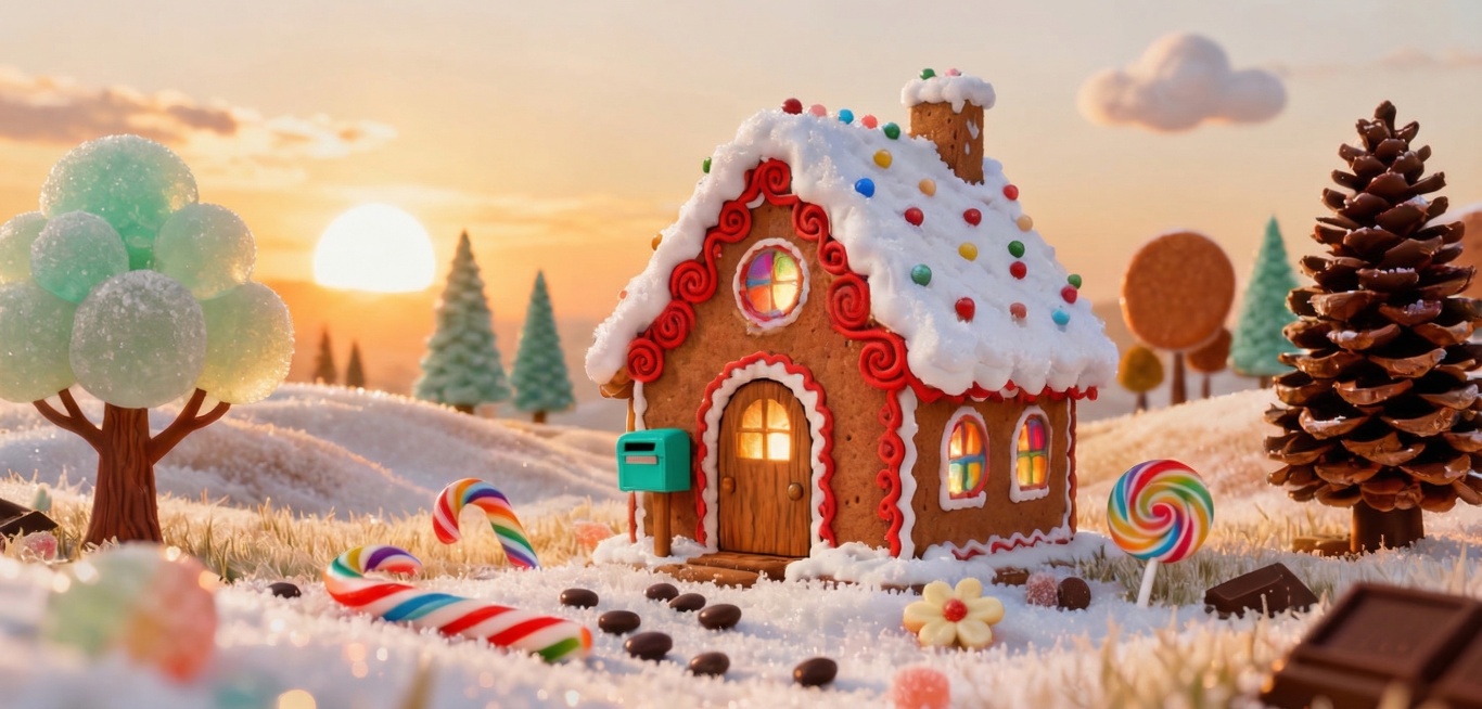 基于原图，保留圣诞姜饼屋雪景整体构图，优化画质，保留所有元素细节，姜饼屋、糖果、树木、夕阳和雪景都保持不变，提升整体清晰度和质感预览效果
