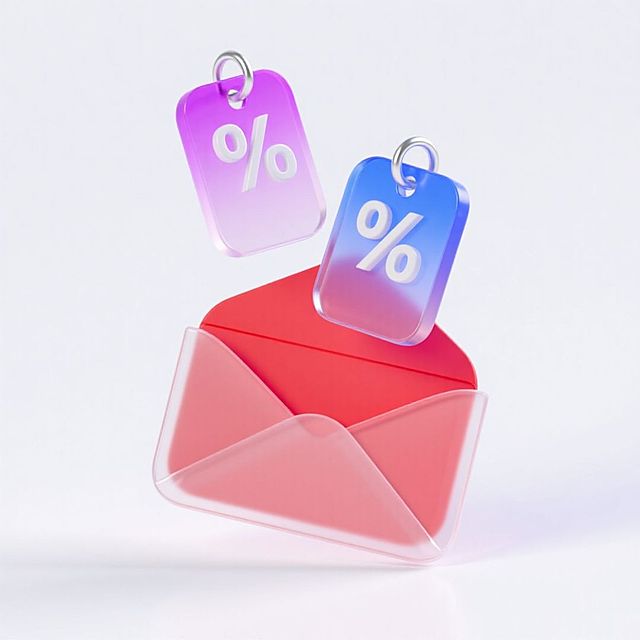 白色背景下，下方是一个打开红色的信封，上方主体是两张悬浮的透明标签，文字“%” ，银色金属环；前景标签为粉紫渐变，背景标签为蓝色