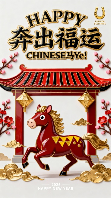 画面上半部分充满了极具视觉冲击力的字体设计，占据画面一半 的比例。最上方是带有粗犷的金色外描边圆润英文单词 “HAPPY”，紧挨着下方是笔画洒脱且充满活力的核心汉字标题 “奔出福运”，标题正下方是一行预览效果