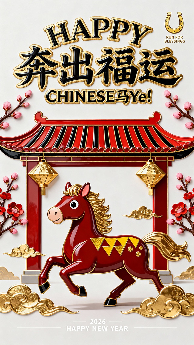 画面上半部分充满了极具视觉冲击力的字体设计，占据画面一半 的比例。最上方是带有粗犷的金色外描边圆润英文单词 “HAPPY”，紧挨着下方是笔画洒脱且充满活力的核心汉字标题 “奔出福运”，标题正下方是一行醒目的slogan “CHINESE 马Ye!”，整体文字排版紧凑，营造出热闹的节日氛围。画面右上角还有一个金色的马蹄铁符号以及极小的英文 “RUN FOR BLESSINGS”。画面下半部分的主体是一匹通体枣红的卡通骏马，马身昂扬挺立，四蹄呈奔跑姿态，占据了画面的底部，马身表面绘有金黄色的 “△” 形纹理代表鬃毛与斑纹。马头位于左侧，双眼圆睁，表情灵动，头顶竖着一对俏皮的耳朵。背景是一座扁平化风格的中式牌坊建筑，屋顶是耀眼的大红色，上面画着黑色的横线表示瓦片，屋檐下左右两侧各悬挂着一盏金色的菱形灯笼。画面左右两侧装饰着朱红色的梅花枝，枝头绽放着粉嫩的花苞。空中散落着几片简单的金色祥云。底部正中央写有微小的白色文字：“2026 HAPPY NEW YEAR”。白色背景