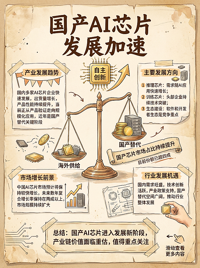 竖版3:4比例AI产业科普知识长图，手绘插画风，复古手账剪贴簿拼贴风格，背景米黄色做旧纸张，主色调复古橙棕奶油色，芯片元素金色点缀，顶部深棕色粗体标题"国产AI芯片 发展加速"，标题下方金色芯片图标标注"自主创新"，旁侧上涨箭头，画面中央手绘天平：左侧标注"海外供给"，右侧标注"国产替代"，天平向右侧倾斜，右侧标签写"国产芯片市场占比持续提升"，小字标注"目前份额已超四成"，左上方信息卡标题"产业发展趋势"，内容"国内多家AI芯片企业快速发展，出货量增长，产品性能持续提升，当前正从产品验证走向规模化应用，近年是国产替代关键阶段"，旁侧小旗帜装饰，右上方信息卡标题"主要发展方向"，内容"1 推理芯片：需求随AI应用快速增长；2 训练芯片：头部企业持续技术突破；3 生态建设：软件和开发者生态是竞争重点"，左下方信息卡标题"市场增长前景"，内容"中国AI芯片市场预计将保持较快增长，未来数年复合增长率保持在两成以上，市场规模持续扩大"，右下方信息卡标题"行业发展机遇"，内容"国内需求旺盛，技术创新活跃，产业政策支持，国产替代空间广阔，推动行业整体发展"，底部胶带贴卡片写"总结：国产AI芯片进入发展新阶段，产业链价值面临重估，值得重点关注"，右下角手指箭头标注"滑动查看更多内容"，装饰芯片、天平、服务器、上涨箭头、小旗帜贴纸，排版清晰，手绘研究笔记风格，2K分辨率