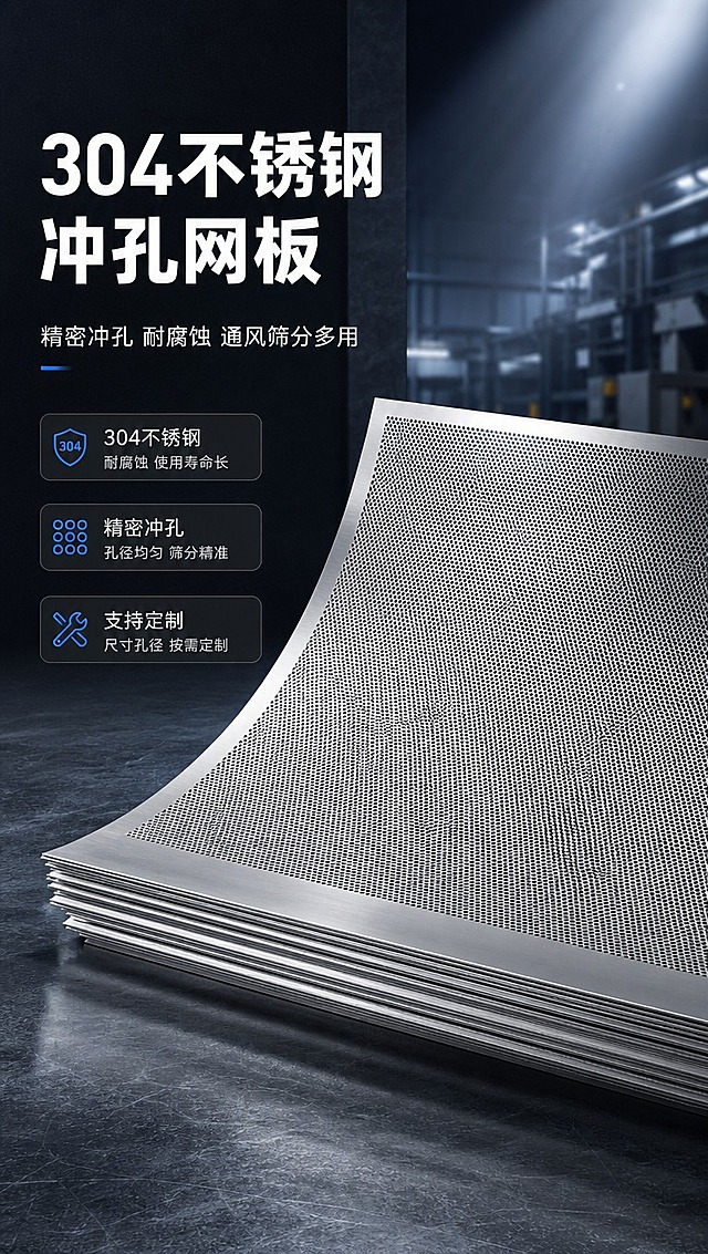 [商品] 使用【图1】304不锈钢冲孔网板；保留圆孔冲孔结构、金属银灰色、板面形态、冲孔均匀排列方式和材质质感；修复画面中的人物脚部、杂物和杂乱背景，只保留干净的冲孔网板产品主体，增强金属光泽和板面平整度。
[画面] 目标：专业头图，建立工业级不锈钢冲孔网板专业形象。构图：左文右图竖版布局，产品斜放占据画面右侧60%，多层堆叠展示厚度与质感，左侧留白放标题区。景别：中景偏全景，展示产品全貌。前中后景：前景产品清晰锐利，中景工业车间虚化环境，后景冷调金属光晕。场景：现代化金属加工车间一角，冷光环境突出金属质感。
[视觉] 套系策略：风格=工业风专业商业摄影；标题字=粗黑无衬线工业字体；正文字=简洁无衬线体；主色=深炭灰+金属银灰；背景延展=深灰到炭黑渐变，带细微金属颗粒纹理；强调色=科技蓝，仅用于小面积图标、引线和标签；标题色=纯白；正文色=浅银灰；组件=深色半透明信息卡、细银线引线、工业风图标；光影=左前侧冷硬光，金属高光清晰，阴影硬朗。
[文字] 左侧上半区放主标题「304不锈钢冲孔网板」，副标题「精密冲孔 耐腐蚀 通风筛分多用」，下方3个短卖点标签：304不锈钢、精密冲孔、支持定制。文字不遮挡产品主体冲孔区域。
[规格] 图片比例9:16竖版，4K分辨率，淘宝/天猫详情页适配，避免变形、错字、文字过小、人物出现、暖色调背景、产品颜色改变、冲孔结构失真。