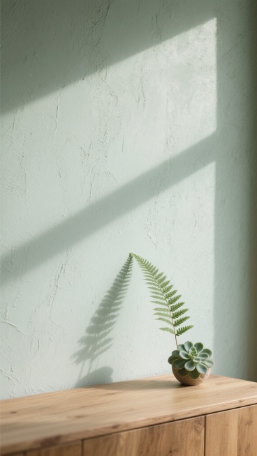 极简主义室内静物场景，浅灰绿色粗糙质感墙面，温暖柔和的斜射阳光在墙面投下细长的蕨类植物阴影，原木色木质台面占据画面底部，台面一角摆放着一株带有圆形叶片的多肉植物，整体色调为灰绿色与原木色的自然搭配，光影层次分明，营造出宁静、舒适、自然的居家氛围，柔和的高光与细腻的阴影过渡，低饱和度色彩，简约构图，留白充足。预览效果