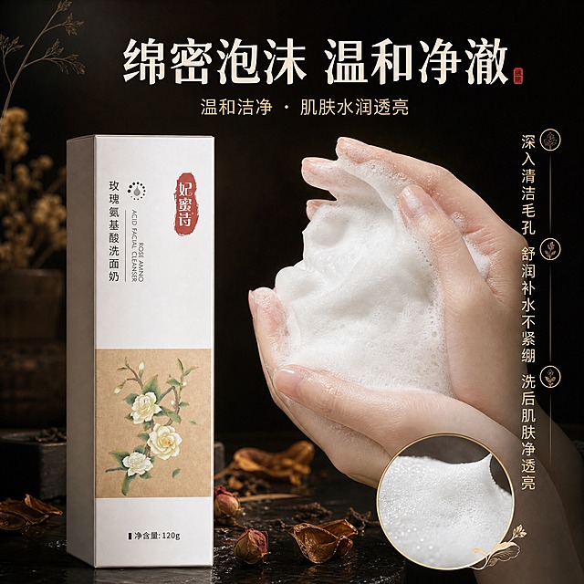 [主图-3] 质地肤感与使用效果，展示绵密泡沫与洗后净透肌肤状态。
[统一基调] 整体风格为东方草本中药美学，背景主色为深褐偏黑的中药草本色调，搭配米白、暗金点缀；标题字色为米白色，辅助字色为浅金色，强调色为暗朱砂红；字体为干净的非衬线体，字号层级分明；卡片与边框采用细金线、草本纹理底纹，整体高级沉稳。
[画面] 画面左侧为产品包装盒，占比约30%，正面略侧放置于深色石质台面上。画面右侧展示一只手正在揉搓出丰富绵密的白色泡沫，泡沫细腻有光泽，手部肌肤干净透亮。台面上散落少量干玫瑰花与深褐色草本叶片作为点缀。背景为深褐黑色渐变，有柔和的光晕打在泡沫与手部区域，突出质地。画面右下角有一小团放大的泡沫微距特写，展示泡沫绵密细腻的质感。整体体现温和洁净、洗后不紧绷的使用感受。
[光影质感] 商业摄影质感，柔和侧光，泡沫通透有体积感，手部肌肤真实自然，产品包装盒质感清晰，台面有柔和倒影，整体干净高级。
[配色] 深褐偏黑中药色背景，白色泡沫，米白文字，暗金点缀，草本干料深褐色，色调统一。
[文字版式] 画面上方大标题"绵密泡沫 温和净澈"，米白色粗体大字。画面右侧竖排三行卖点"深入清洁毛孔"、"舒润补水不紧绷"、"洗后肌肤净透亮"，浅金色文字配米白小标题。文字放在负空间，不遮挡产品与手部主体。
[输出要求] 比例1:1，文字清晰可读，产品清晰不变形，手部自然无畸形，无生产厂家信息，无水印，无平台Logo，无错字，无夸张前后对比。