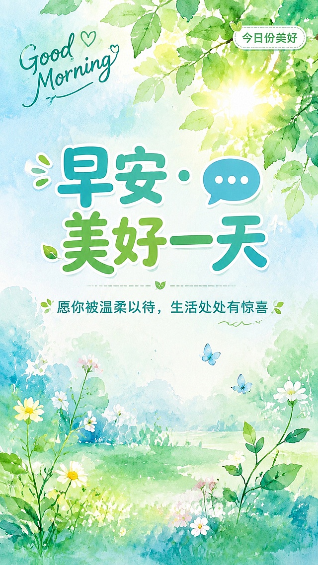 在这张清新治愈风早安海报的基础上，去掉底部的「艾多美会员群」白色标签框及其中的所有文字，将该区域替换为与周围一致的花草和水彩背景，保持画面完整自然。其余所有元素（顶部绿叶阳光、Good Morning英文、今日份美好标签、早安美好一天主标题、副标题愿你被温柔以待生活处处有惊喜、花朵蝴蝶等）全部保留不变，整体清新治愈的水彩手绘风格完全保持一致。