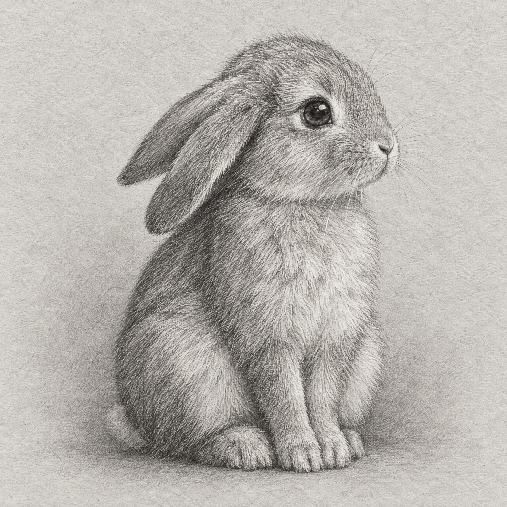 一幅精细的铅笔素描兔子画，画面主体是一只可爱的长耳兔子，侧身安… - 图片创意预览