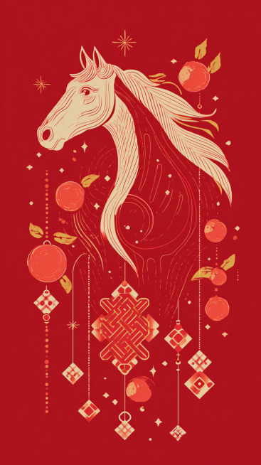 简约扁平矢量风，核心设计： 极简、风格化的马侧影，由曲线和形状构成。
元素融合： 与橘子、鞭炮、中国结等新年图标巧妙结合。
风格与用途： 扁平矢量设计，干净几何，红白金配色，明确适合现代海报、Logo预览效果