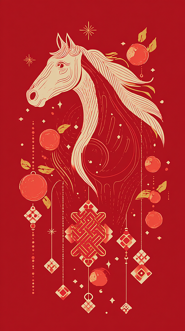 红金交织，剪纸风马首昂扬，融合几何纹样与中式祥果，国潮插画演绎喜庆民族韵味。