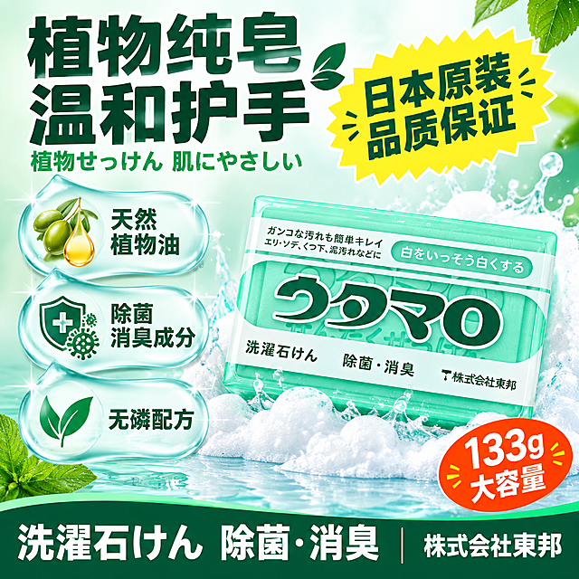 [主图-4] 日本东邦去污增白洗衣皂 成分品质主图 淘宝天猫1:1 核心任务是展示植物纯皂成分 安全温和 品质可靠

[统一基调] 爆款促销感 高饱和撞色 粗黑体中文标题 圆角爆炸贴标签 中日文混合 薄荷绿+深墨绿主色 橙红+明黄+浅蓝辅助色 洁净明亮

[画面] 产品皂体位于画面右侧，占比约40%，斜向摆放，皂体下方有白色泡沫和水花飞溅效果，体现丰富泡沫。左侧为成分展示区，用3个透明水滴/气泡形状承载核心成分图标和文字，从上到下排列。背景为浅薄荷绿到白色的柔和渐变，底部有轻微水面反射效果。皂体颜色、形状、浮雕文字与输入产品图完全一致，不拉伸不变形。

[光影质感] 商业电商摄影质感，侧逆光打在皂体右侧边缘，形成漂亮的轮廓光，皂体质感细腻温润，有轻微透明感；泡沫洁白细腻，有真实的气泡纹理和光影；水滴晶莹剔透，有高光和折射效果；整体干净通透，高级洁净感。

[配色] 背景：浅薄荷绿渐变+白色高光；皂体：薄荷绿；泡沫：纯白色；成分气泡：透明渐变+白色描边；标签：深绿+明黄撞色；整体清新干净，高饱和但不刺眼。

[文字版式] 全部粗黑体，文字清晰不遮挡产品主体。
- 顶部主标题（左侧）：「植物纯皂 温和护手」粗黑大字，深绿色
- 主标题下方日文小字：「植物せっけん 肌にやさしい」
- 左侧成分气泡1（透明气泡内）：图标+「天然植物油」深绿字
- 左侧成分气泡2（透明气泡内）：图标+「除菌消臭成分」深绿字
- 左侧成分气泡3（透明气泡内）：图标+「无磷配方」深绿字
- 中部偏上圆角爆炸贴（明黄底深绿字）：「日本原装 品质保证」
- 底部通栏（深绿底白字）：「洗濯石けん 除菌・消臭 株式会社東邦」中日文混合
- 右下角小标签（橙红底白字）：「133g 大容量」

[输出要求] 1:1 2K高清 文字清晰锐利 产品完整不变形 泡沫真实 无错字 无水印 无平台Logo 无畸形手 无面部