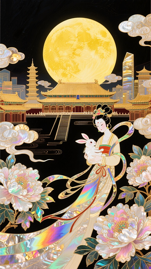 全景构图，远景是一轮圆月，月亮是黄色的，在画面正中间，近景是飘逸的嫦娥抱着玉兔，故宫和古今建筑群，近景是牡丹花环绕，整体画面有祥云，喜庆的氛围，暖金色调