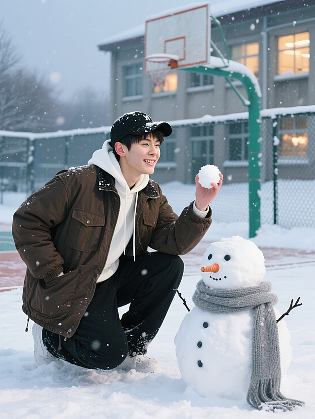 主视觉：男生穿深咖色工装棉服，内搭白色连帽卫衣，戴黑色棒球帽，帽檐压得略低。他半蹲在篮球场边，右手拿着团雪球，左手揣在棉服口袋里，嘴角带笑，耳尖冻得微红，帽檐边缘沾了层细雪。
场景细节：身旁的雪人用篮球气嘴当鼻子，脖子绕着男生的灰色针织围巾，围巾尾端拖在雪地上；背景是覆雪的篮球架、褪色的球场边线，远处教学楼的窗户亮着暖光，偶尔有雪花落在篮球网的网格上，轻轻晃动。