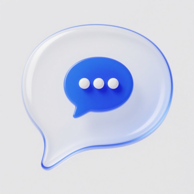 3D风格的聊天图标，整体为半透明的白色气泡形状，边缘有蓝色描边，内部嵌套一个蓝色的小气泡，小气泡中有三个白色圆点，白色背景，光线柔和，高光细节清晰，阴影自然，具有光滑的玻璃质感，简洁现代的设计风格。预览效果