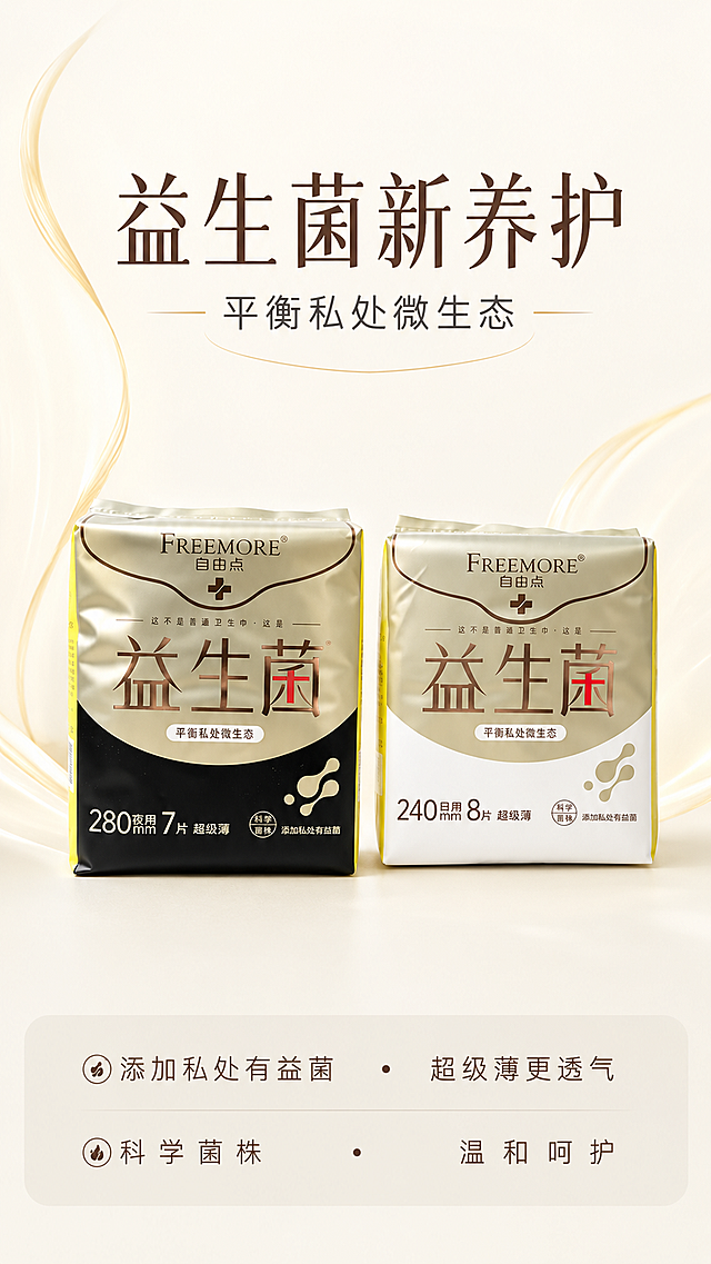 [第1屏] 详情页头图-自由点益生菌卫生巾产品宣传海报
[氛围/风格] 干净清新的个护风格，浅米色系背景，商业摄影质感，画面简约高级。
[元素布局] 将日用和夜用两款产品并排摆放在画面中央主体位置，占据整体65%区域。保持两款产品原有的包装结构、颜色、Logo和所有文字信息与输入图片一致：左侧为夜用款280mm，包装是香槟金上半部分+黑色下半部分+黄色侧边；右侧为日用款240mm，包装是浅香槟金上半部分+白色下半部分+黄色侧边。背景上方留白用于放置标题，底部放卖点信息，左右加淡浅黄色装饰线条，整体无边框满铺。
[光影质感] 顶部柔和主光均匀打亮两款产品，底部有自然轻微投影，包装的金属质感文字清晰突出，整体画面干净通透，产品轮廓清晰真实。
[配色色系] 全局统一底色：#F5F5F0（浅米白）；主体配色：#D4C9A8（香槟金）+#222222（包装文字黑）+ #F3EECC（浅背景）；辅助色：#F0E68C（浅黄装饰）+ #E04040（品牌标红）。
[视角构图] 平视视角，两款产品并排居中，上下留出足够的标题和文案区域，构图平衡稳定。
[文字版式] 顶部居中主标题“益生菌新养护”，字号约为画面高度8%，深棕色；副标题“平衡私处微生态”在主标题下方，字号约为主标题40%，深灰色。底部通栏浅灰色块，分两行展示卖点：第一行“添加私处有益菌”+“超级薄更透气”，第二行“科学菌株 温和呵护”，文字浅色块内深棕色，每个卖点之间用小圆点分隔。文字不遮挡产品主体。
[比例分辨率] 9:16竖版比例，宽度1080像素，高度1920像素，2K分辨率，文字清晰可辨，超高清。
[负向提示词] 包装变形，文字错乱，颜色偏差，水印，产品模糊，背景杂乱，低俗擦边内容