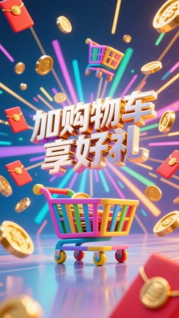 3D大字，文字内容为“加购物车 享好礼"，背景为购物车、红包、放射线、金币元素组成的场景预览效果