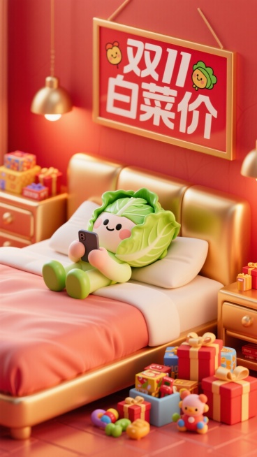 主视觉为一个白菜小人平躺在大床上刷手机，床旁放着堆满商品礼盒、玩具，写着“双11白菜价”的卡通挂画挂在墙上，卧室场景，红金色调。预览效果