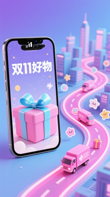 软蓝色和紫色渐变背景，左边是一部逼真的智能手机，屏幕上显示一个打开粉红色的礼盒，上面装饰着一条光滑的浅蓝色大丝带和蝴蝶结，还有中文文字“双11好物”用白色，俏皮的字体。在右边，描绘了一条发光的粉红色霓预览效果
