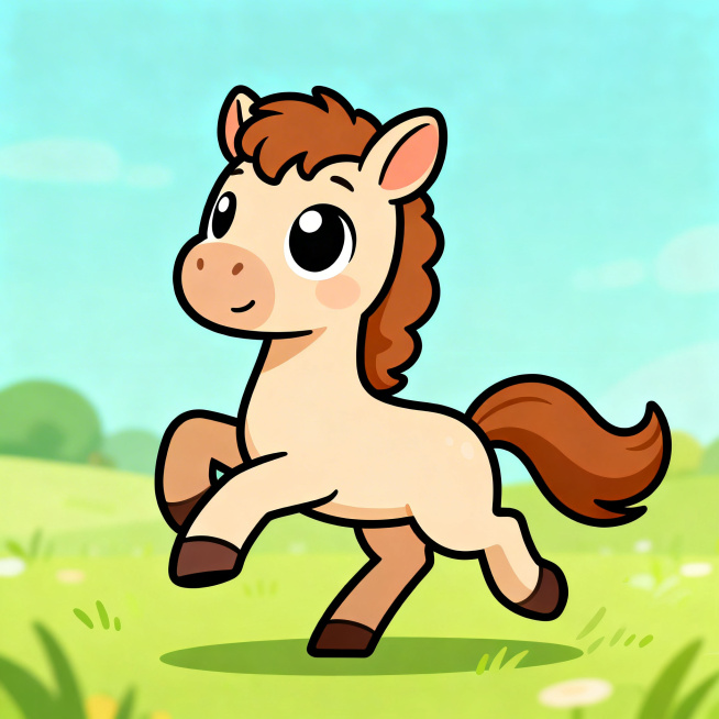 一匹马的可爱动画形象，卡通风格，线条简洁流畅，色彩明亮，形象生动活泼，适合作为动画角色预览效果