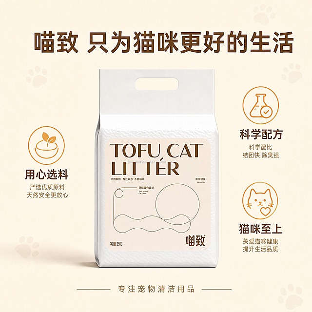 [主图-29] 喵致豆腐混合猫砂 品牌故事 喵致品牌理念。
[统一基调] 淘宝天猫专业品质风 清洁感宠物亲和 米白奶咖暖橙主色 圆润无衬线标题字体 圆角卡片 线性图标 大字主文案 辅助文案缩小50%以上。
[画面] 画面中央放一袋喵致豆腐混合猫砂 背景为简约的米白色 带轻微猫爪印纹理 周围环绕三个品牌理念图标 用心选料 科学配方 猫咪至上 底部有一行品牌slogan 整体风格简约高级 顶部大标题。
[光影质感] 品牌形象摄影质感 柔和均匀光线 产品居中突出 整体干净有品质感。
[配色] 主背景米白色 标题深咖啡色 图标暖橙色 辅助文字浅棕色。
[文字版式] 顶部大标题"喵致 只为猫咪更好的生活" 深咖啡色粗体 三个理念分别标注"用心选料""科学配方""猫咪至上" 深棕色中号字 底部小字"专注宠物清洁用品" 浅棕色。
[输出要求] 比例1:1 文字清晰可读 产品清晰不变形 无错字 无水印 无平台Logo 禁止悬浮 禁止穿模。