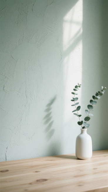 极简主义风格静物场景，浅灰绿色粗糙质感墙面，柔和的侧上方自然光投射出细长柳叶状阴影，浅原木色木纹桌面，左侧摆放一株带白色陶瓷小花瓶的尤加利枝叶，整体色调为灰绿、原木色与白色的低饱和度组合，光影柔和过渡，画面宁静简约，具有自然质朴的质感和留白空间。预览效果