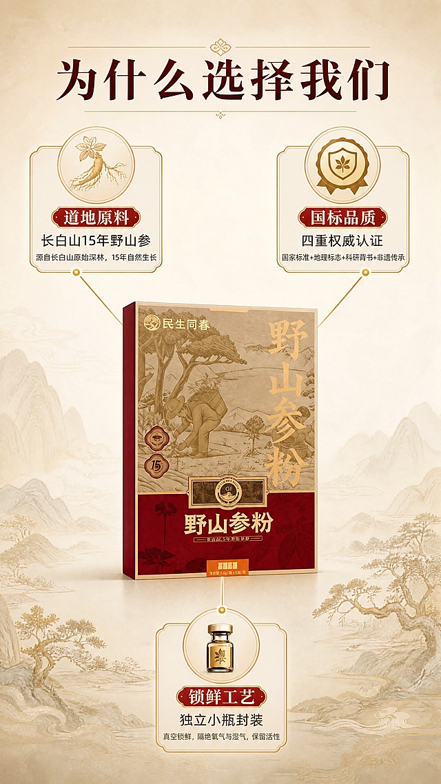 [商品] 使用【图1】民生同春野山参粉礼盒；保留礼盒外观、颜色、Logo及包装文字，礼盒居中放置，占画面约40%。
[画面] 目标：三大核心理由中心引线式呈现，卖点拆解型。画面中央为产品礼盒正面，从礼盒向四周引出三条金色引线，分别指向三个卖点图标区域。左上引线指向「道地原料」图标（野山参图案），右上引线指向「国标品质」图标（认证徽章图案），下方引线指向「锁鲜工艺」图标（小瓶密封图案）。背景为浅米色渐变，底部有淡金色山水纹理装饰。整体对称构图，≥3层信息层级（中心礼盒+引线+外围卖点）。
[视觉] 套系策略：风格=东方新中式高端滋补商业摄影；标题字=宋体衬线粗体（厚重典雅）；正文字=简洁黑体；主色=酒红+暖金+米白；背景延展=基于米白做深浅渐变、山水纹理、宣纸质感；强调色=烫金，仅用于小面积图标、引线、标签和装饰线条；标题色=深酒红+烫金渐变；正文色=深棕灰；组件=圆角金线信息卡、细金线引线、中式印章式标签；光影=正面均匀柔光，礼盒正面清晰，图标精致有质感。
[文字] 顶部主标题"为什么选择我们"，三个卖点区域分别配文：左上"道地原料 长白山15年野山参"，右上"国标品质 四重权威认证"，下方"锁鲜工艺 独立小瓶封装"。每个卖点配一行副标题说明。所有文字横排排列。
[规格] 图片比例9:16竖版，4K，负向提示：避免变形、错字、文字过小、冷蓝背景、礼盒颜色改变、引线错乱。