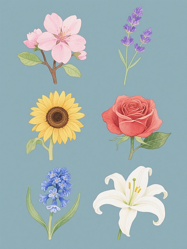 一套6个完全不同花卉元素的系列插画素材集合，保持与原图一致的清新手绘水彩风格，规整排布在纯色背景上。每个花卉元素都具有细腻的线条勾勒，柔和的色彩过渡，以及自然的光影表现。包含：1. 一朵盛开的粉色樱花，带有嫩绿的叶子和棕色的枝干；2. 一朵紫色的薰衣草，细长的紫色花瓣和绿色的花茎；3. 一朵黄色的向日葵，圆形的花盘和放射状的黄色花瓣；4. 一朵红色的玫瑰，层层叠叠的花瓣和绿色的叶子；5. 一朵蓝色的风信子，簇状的蓝色小花和细长的绿色叶子；6. 一朵白色的百合，喇叭状的白色花瓣和黄色的花蕊。所有花卉元素都保持与原图金银花相同的绘画风格和细节表现，整体呈现出和谐统一的视觉效果。